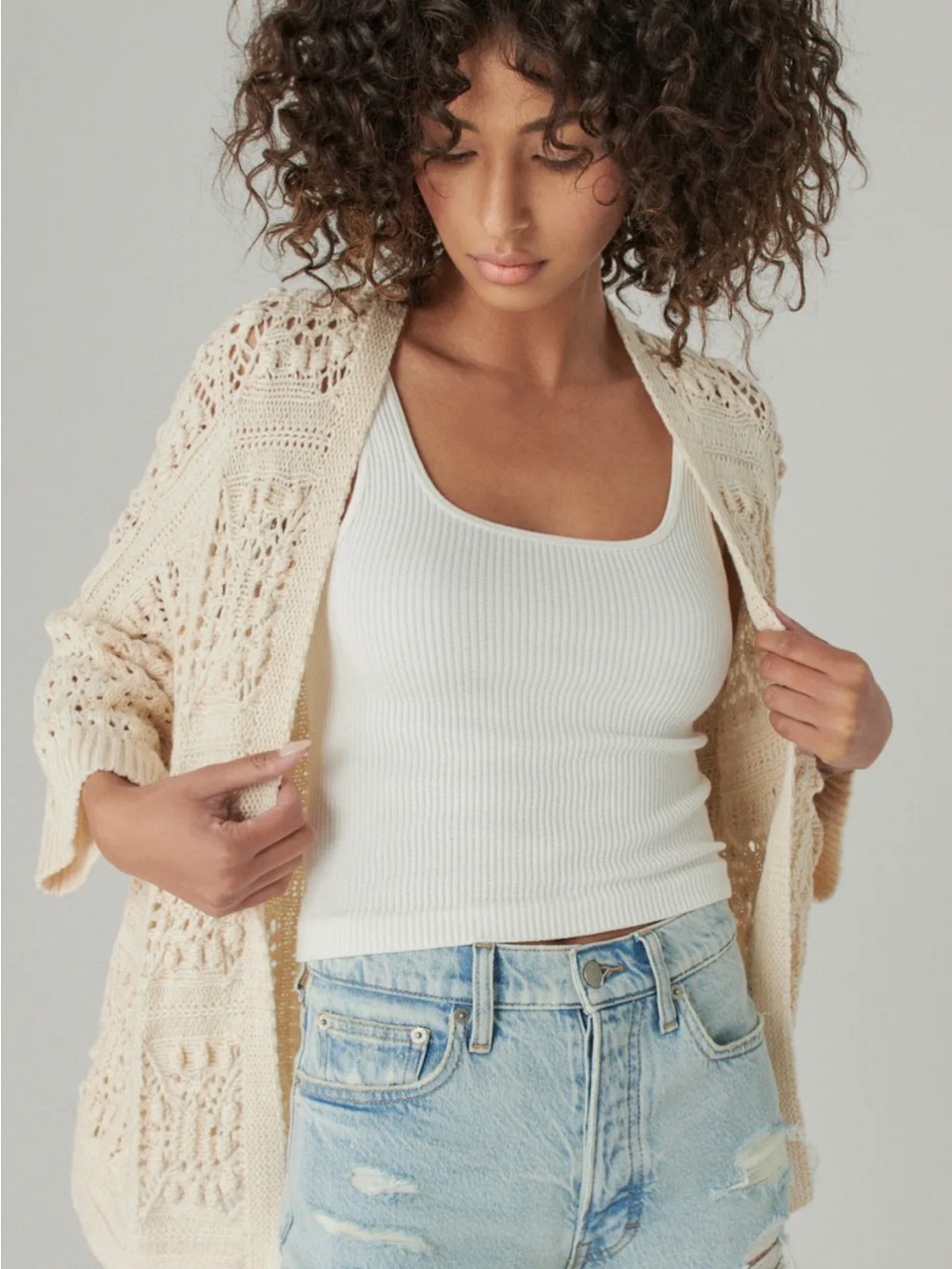 Lucky Brand Cream Open‑Knit Women’s Cardigan Sweater cotton M